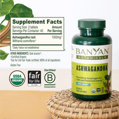 Banyan Botanicals organic ashwagandha root material close-up.