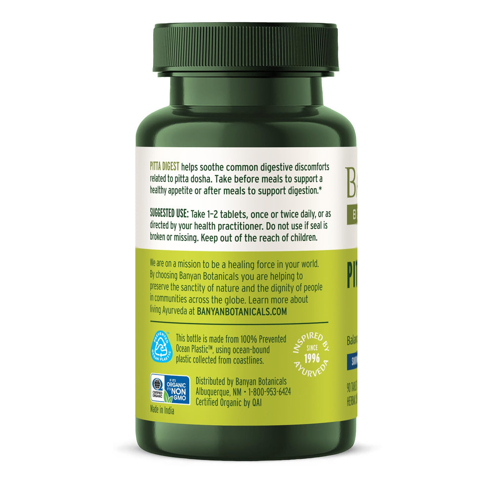 Banyan Botanicals Pitta Digest tablets on dish suggest daily routine use.