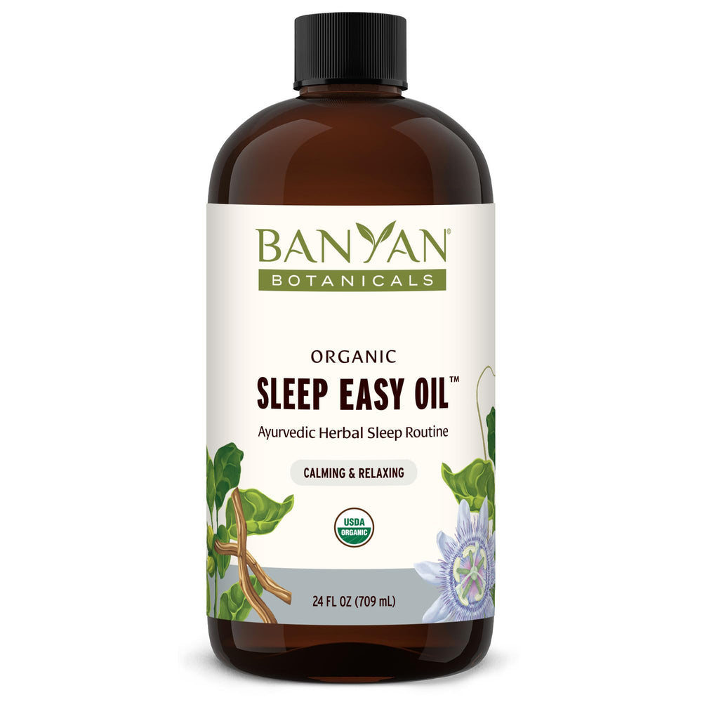 Banyan Botanicals Sleep Easy Oil bottle closeup highlighting a calming herbal blend