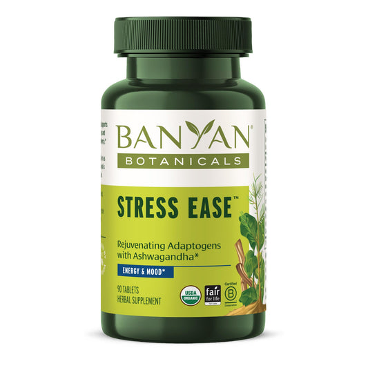 Banyan Stress Ease bottle on wood surface signaling daily resilience.
