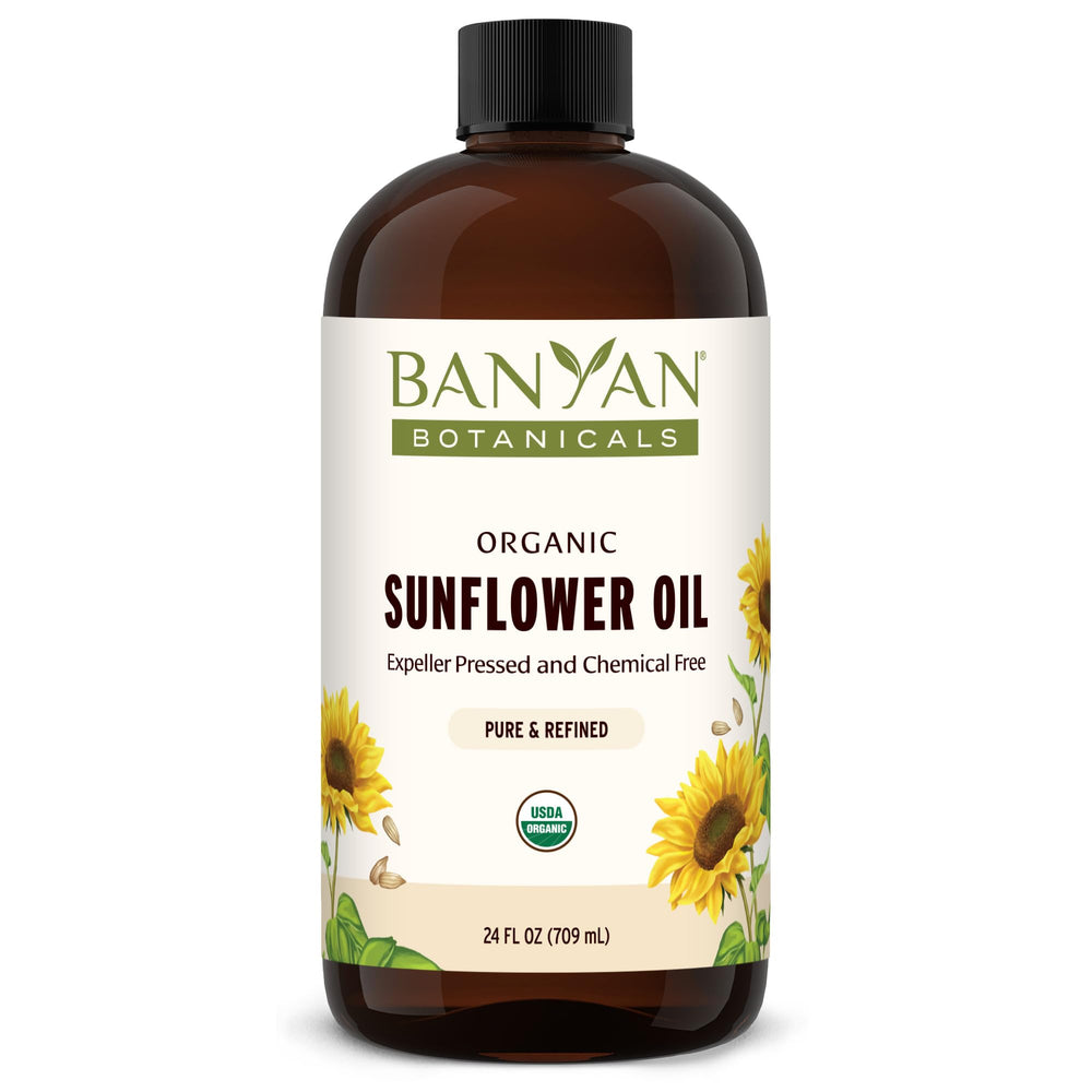 Banyan Botanicals Sunflower Oil bottle pour highlights light texture for smooth skin hydration.