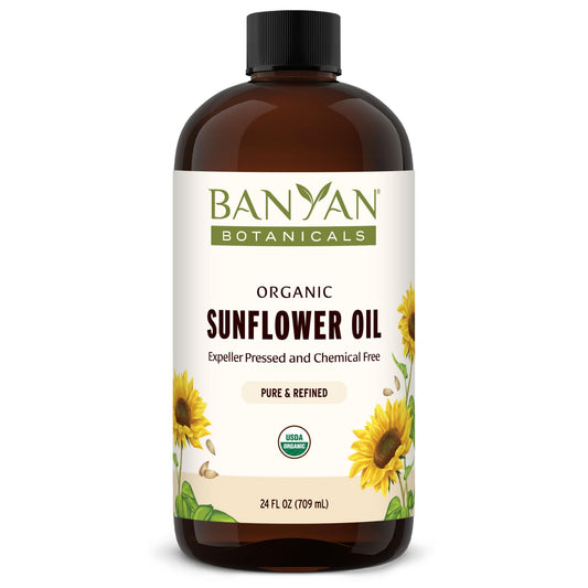 Banyan Botanicals Sunflower Oil bottle pour highlights light texture for smooth skin hydration.