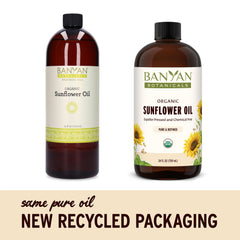 Banyan Botanicals Sunflower Oil close-up label shows organic, expeller-pressed quality.