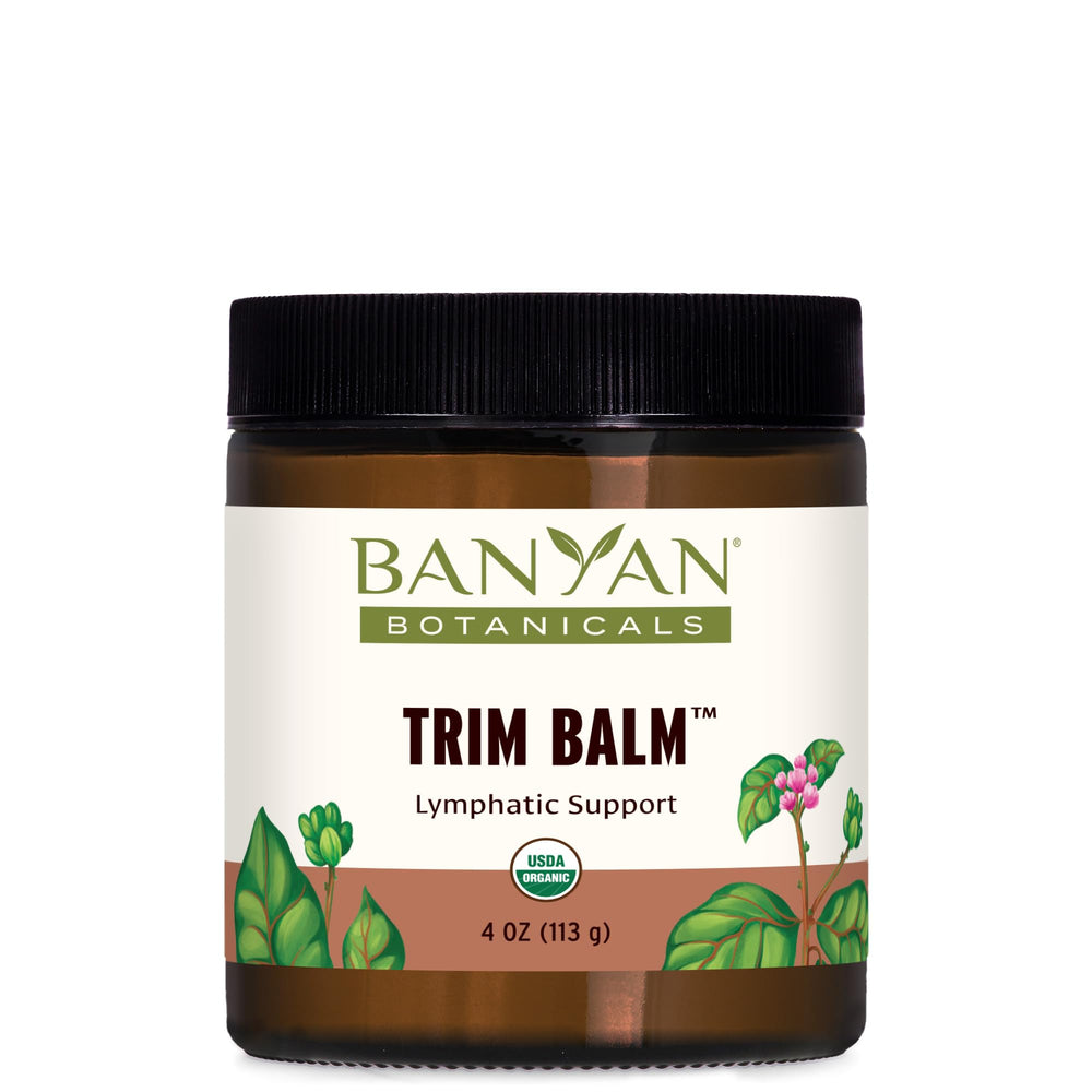 Banyan Botanicals Trim Balm shown on thigh for circulation support.
