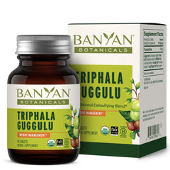 Banyan Botanicals Triphala Guggulu bottle for digestion support during detox routines.
