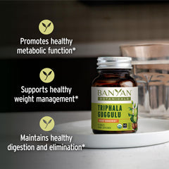 Banyan Botanicals Triphala Guggulu label closeup showing organic ingredients.