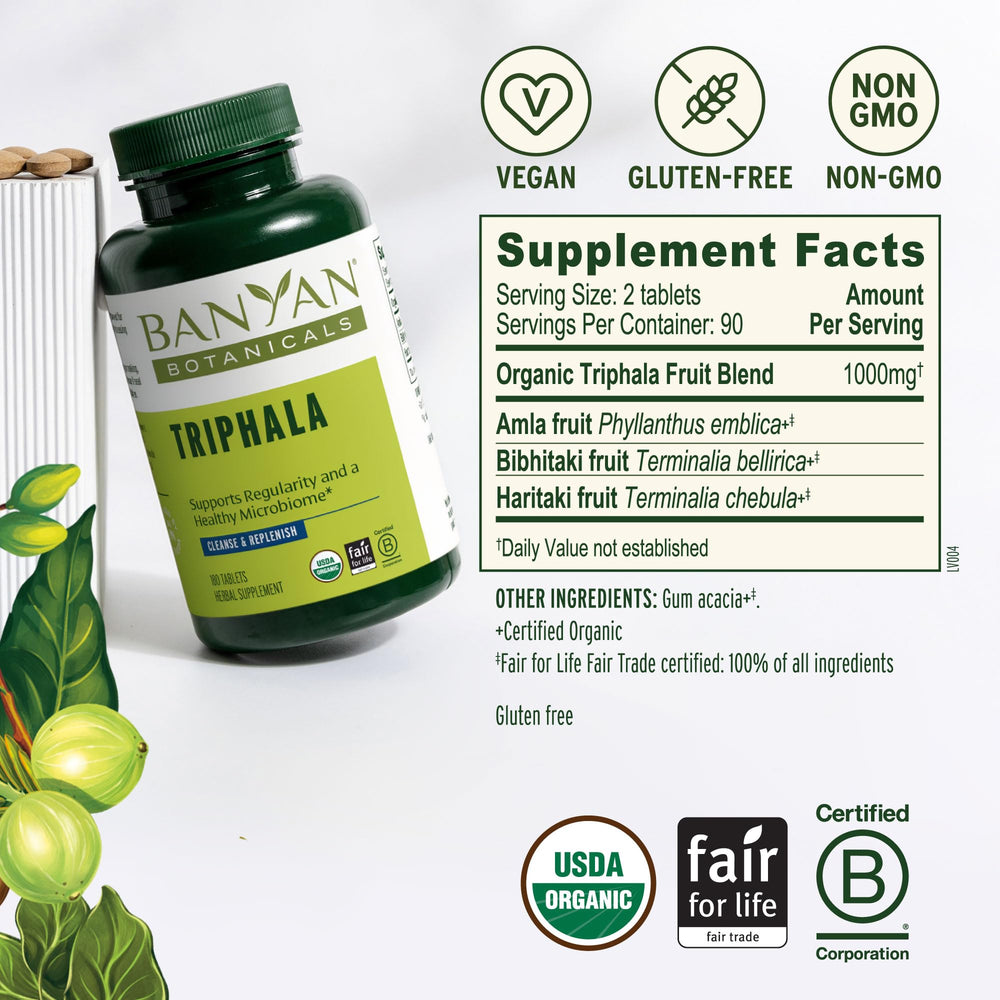Banyan Botanicals Triphala label closeup highlighting organic ingredients