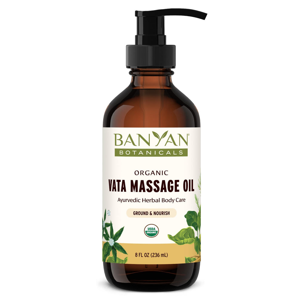 Banyan Botanicals Vata Massage Oil bottle ready for calming self-massage.