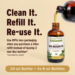 Pouring Banyan Botanicals Vata Massage Oil to warm palms for relaxation.
