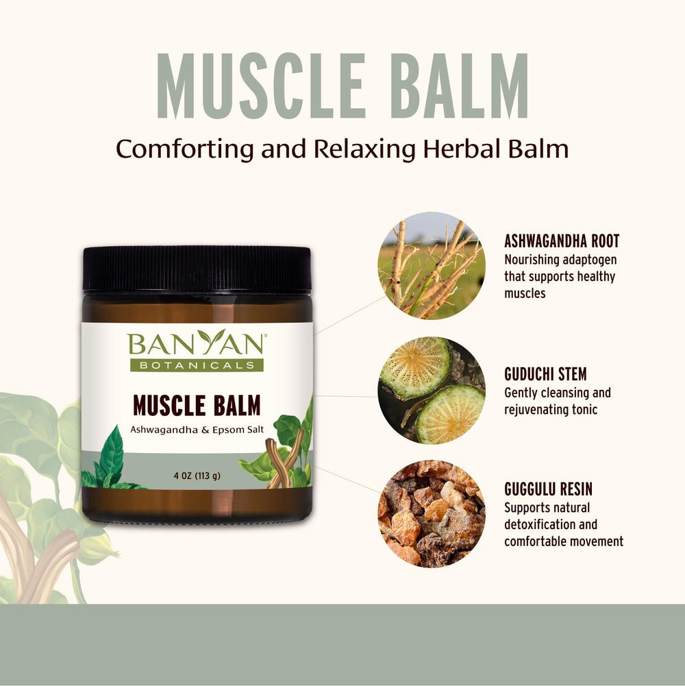 Banyan Botanicals Muscle Balm ingredients label showing Ayurvedic herbs and essential oils