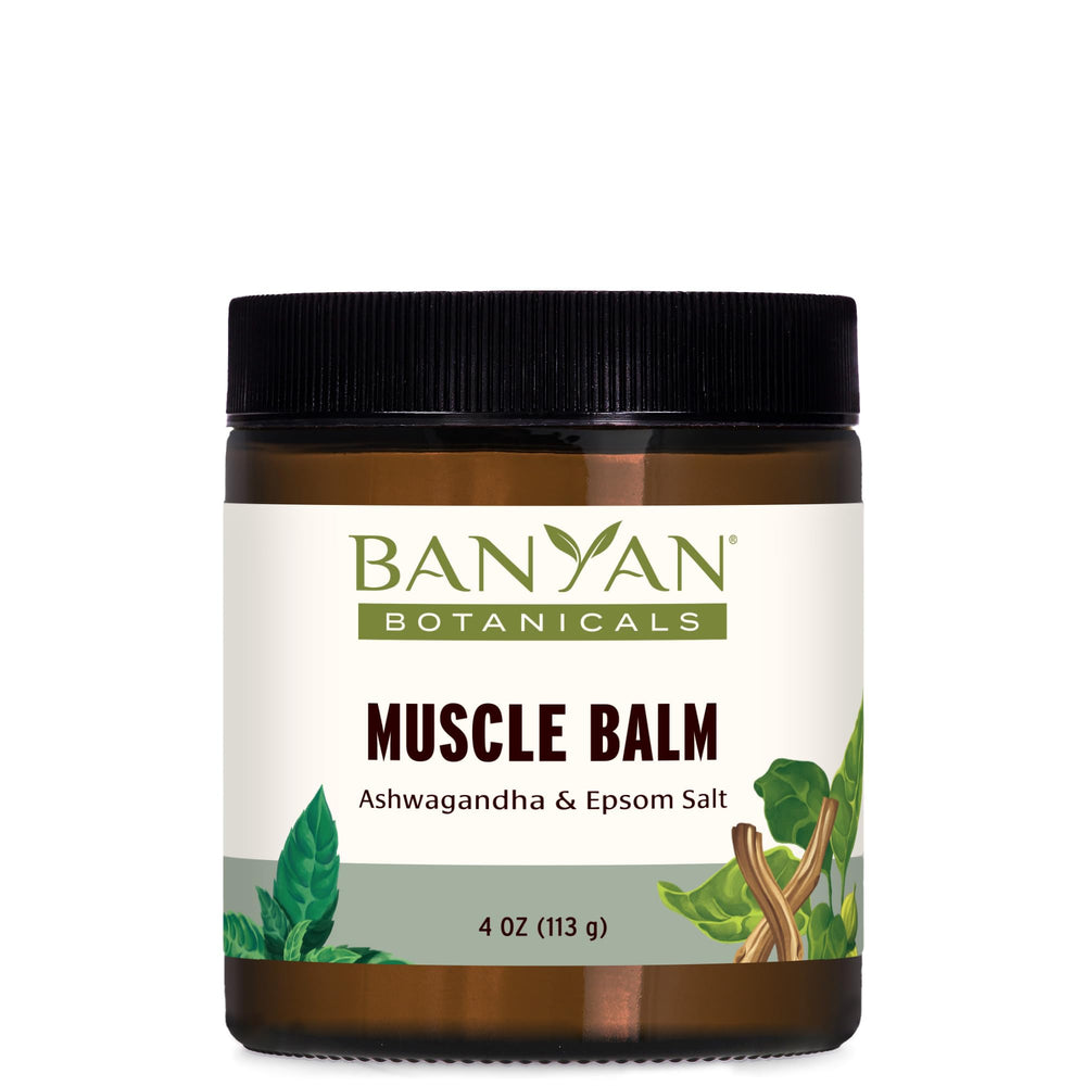 Banyan Botanicals Muscle Balm jar close-up showing rich texture for soothing use