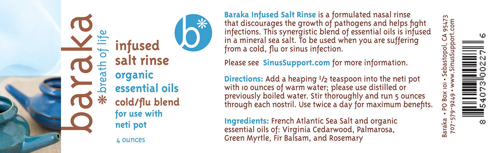Baraka nasal salt bottle closeup highlighting the salt blend for clear nasal passages.