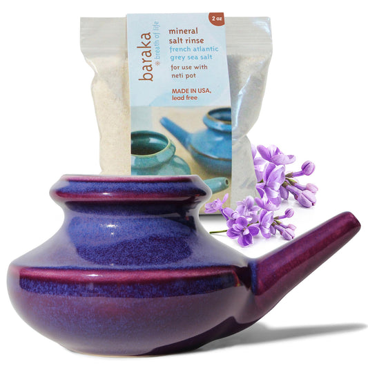 Baraka Neti Pot Tool Kit in purple ceramic for gentle nasal irrigation.
