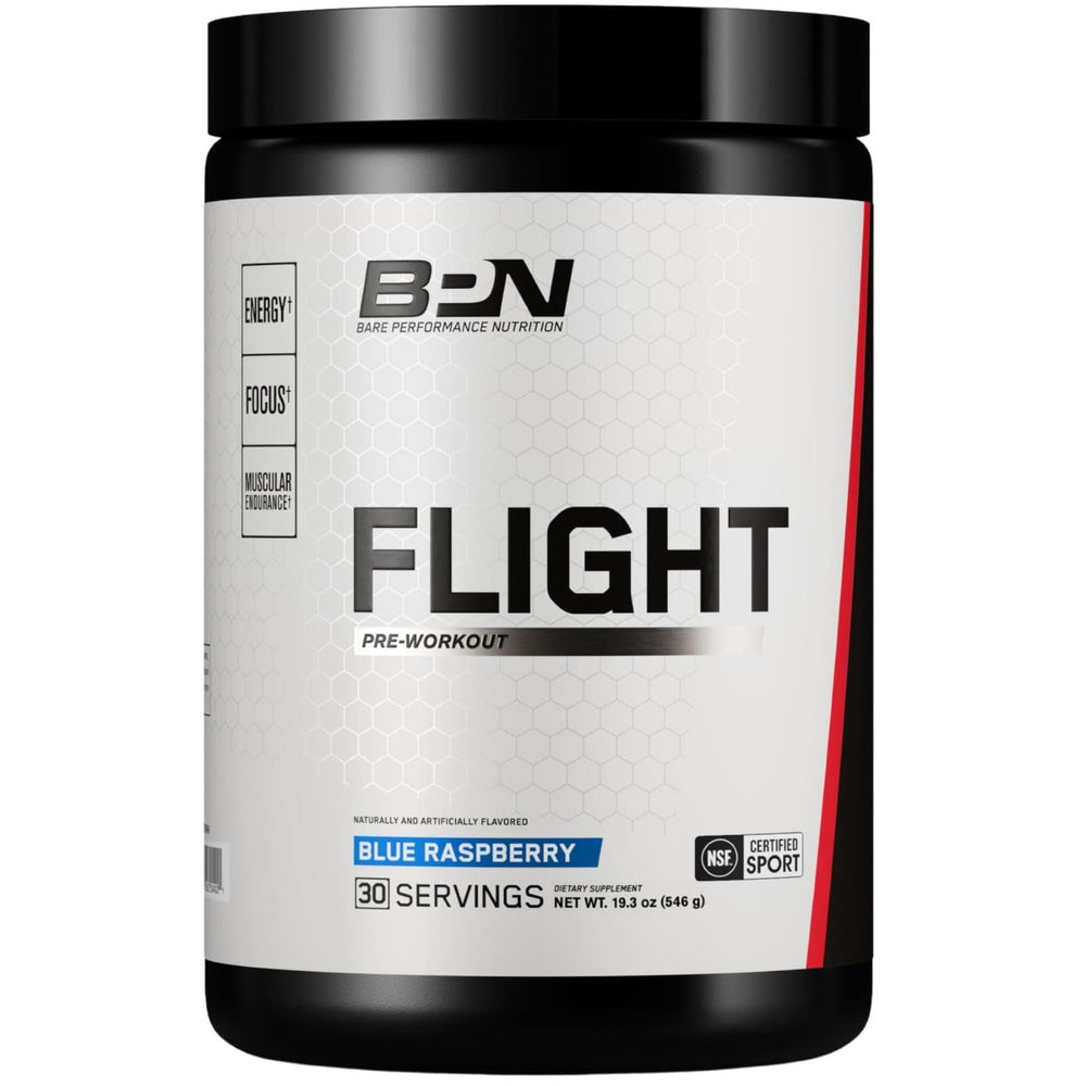 Bare Flight blue raspberry bottle shows energy and focus potential for workouts.