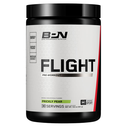 Bare Performance Flight pre-workout can with label visible for energized workouts