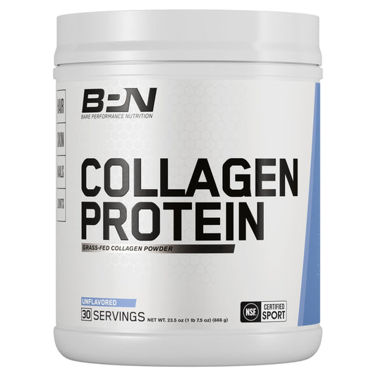 BARE PERFORMANCE NUTRITION collagen bottle highlights grass-fed formula for joints and hair.