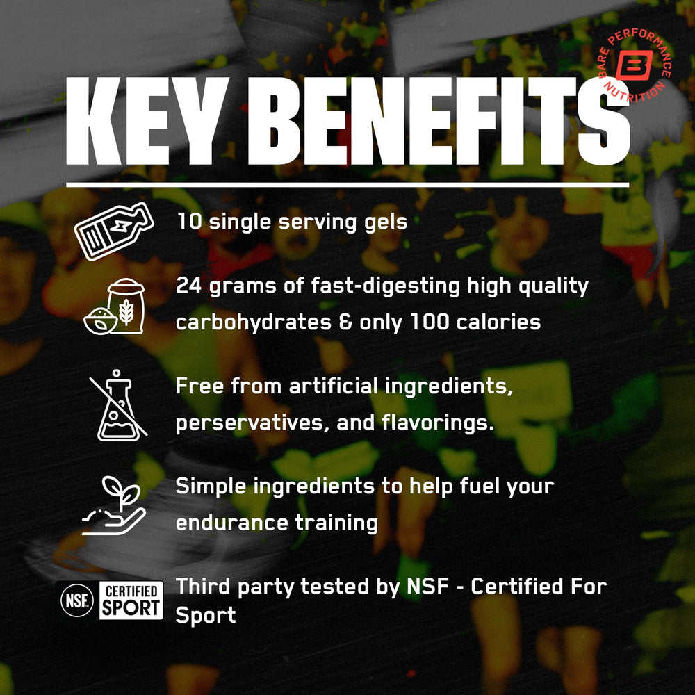 BARE PERFORMANCE NUTRITION BPN Go Gel Endurance ingredients label highlighting vegan and gluten-free formula.