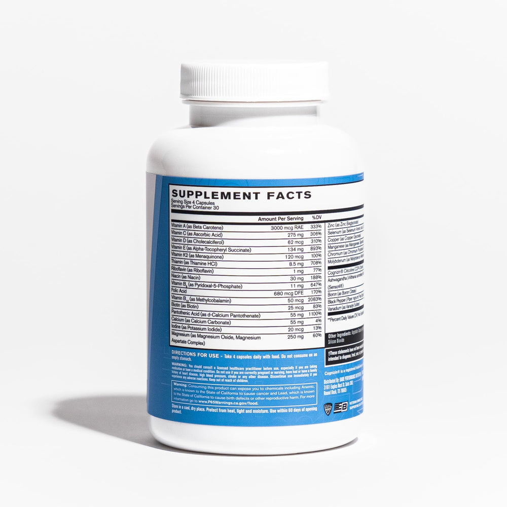 BARE PERFORMANCE NUTRITION BPN Strong Multi-Vitamin bottle back label with ingredients for informed use