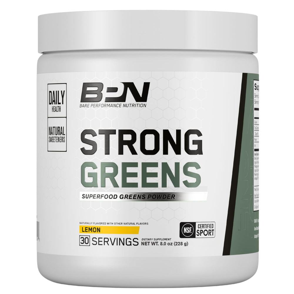 Bare Performance Nutrition Strong Greens Lemon powder tub for nutrient boost