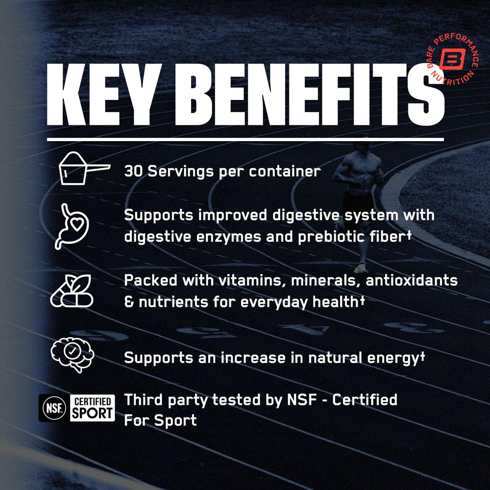 Bare Performance Nutrition Strong Reds label close-up emphasizing antioxidant blend.