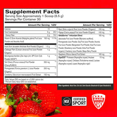 Bare Performance Nutrition Strong Reds tub back highlights ingredients and digestive enzymes.