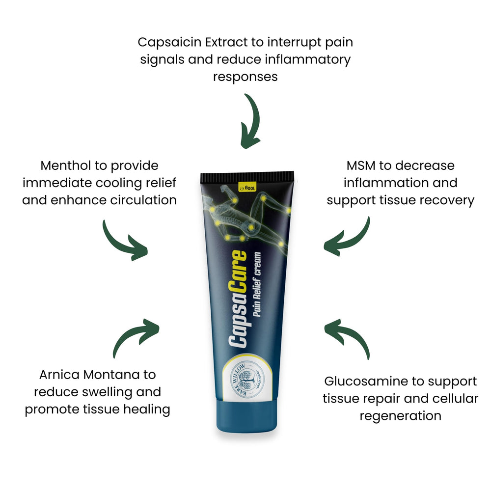 Bare Willow CapsaCare capsaicin 0.075% detail highlights active ingredient.