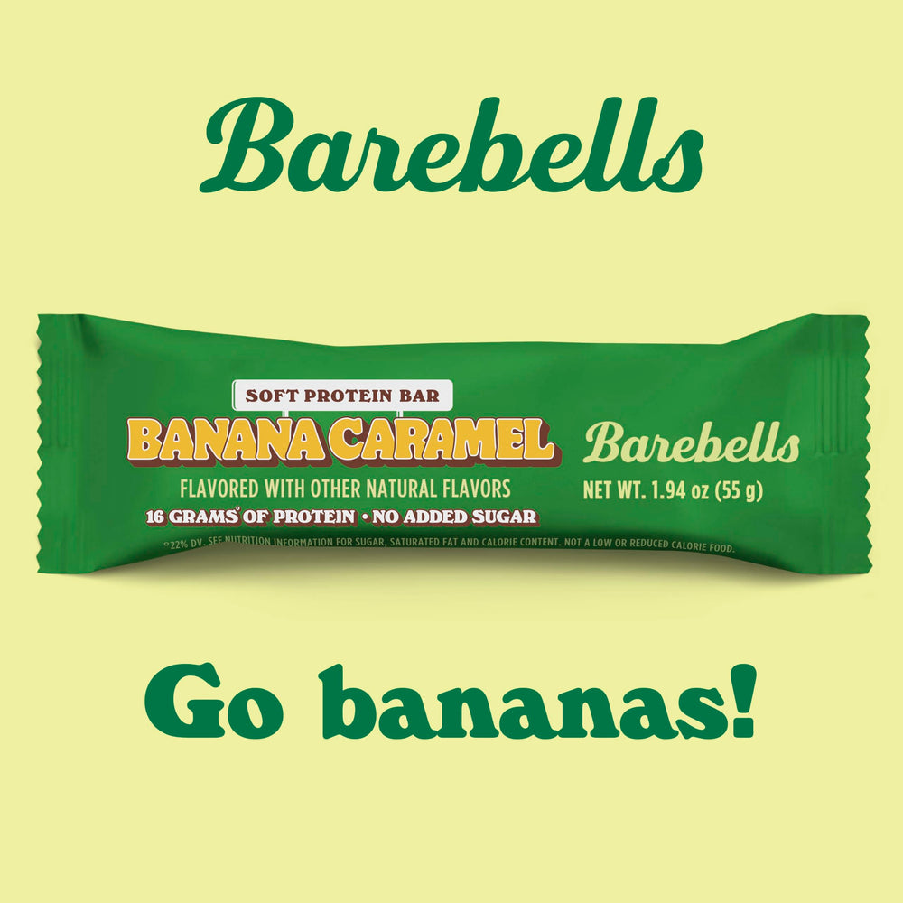 Barebells banana caramel bar pack displayed on a shelf