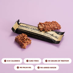 Barebells Caramel Cashew bar cross-section; gooey caramel with 20g protein per bar