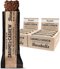 Barebells Caramel Cashew bar front view; high-protein snack for on-the-go mornings