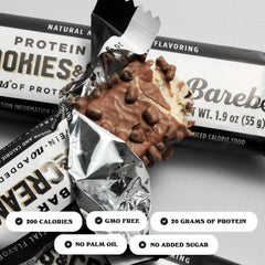 Barebells close-up chocolate bar crumbs convey a rich, satisfying texture.
