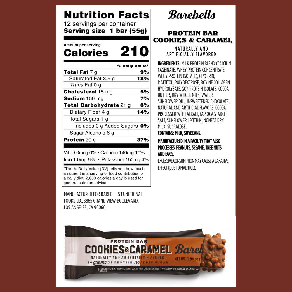 Barebells Cookies and Caramel bar close-up highlights silky coating and satisfying texture.