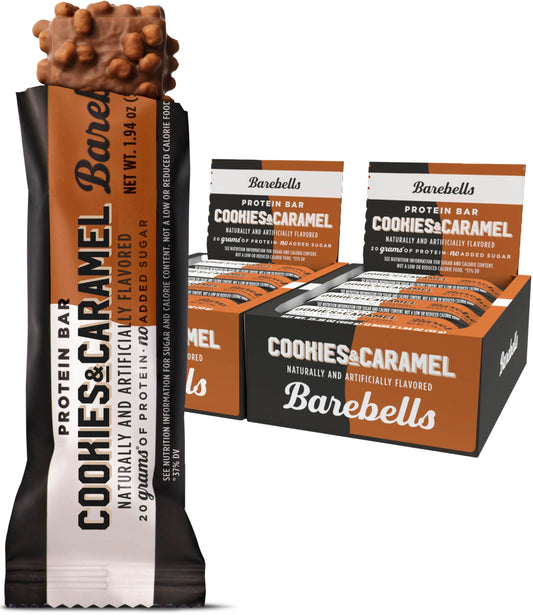 Barebells Cookies and Caramel bar pack front, ideal for post-workout energy boosts.