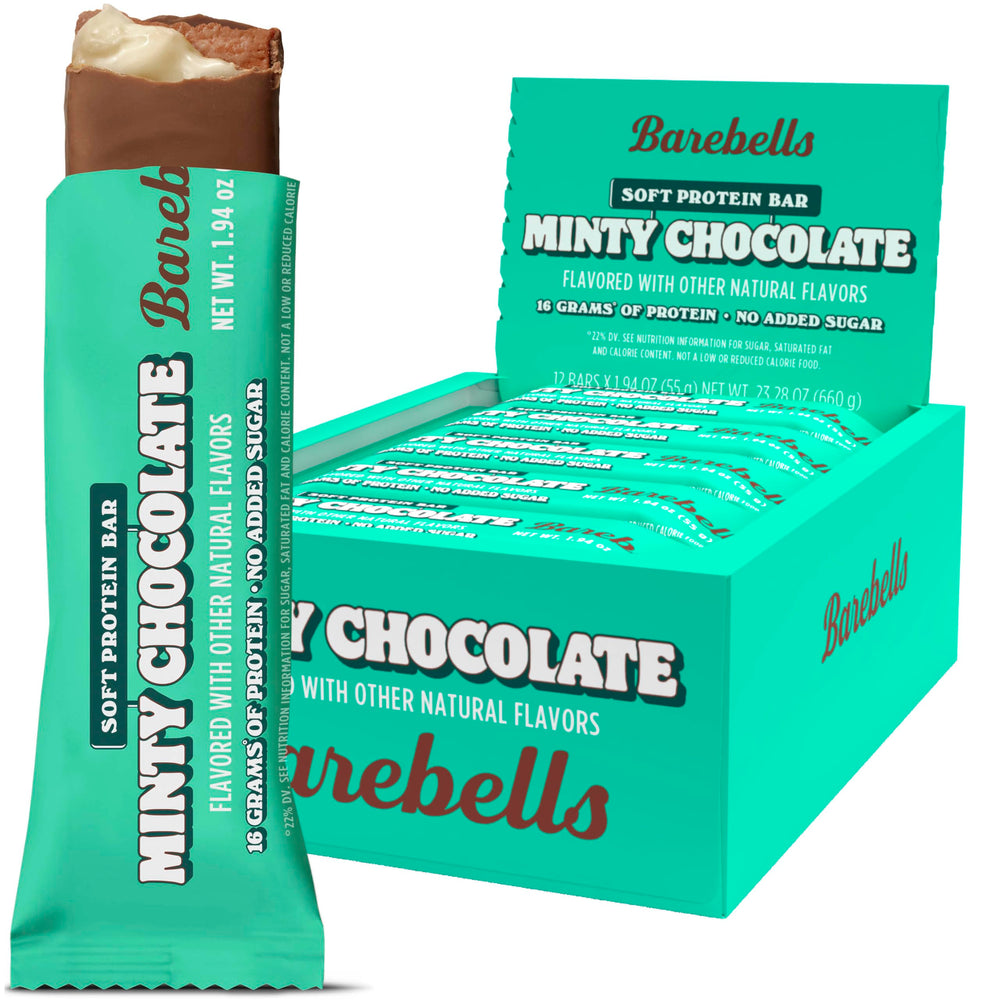 Barebells Minty Chocolate Soft Bar pack of 12 for convenient protein snacking.