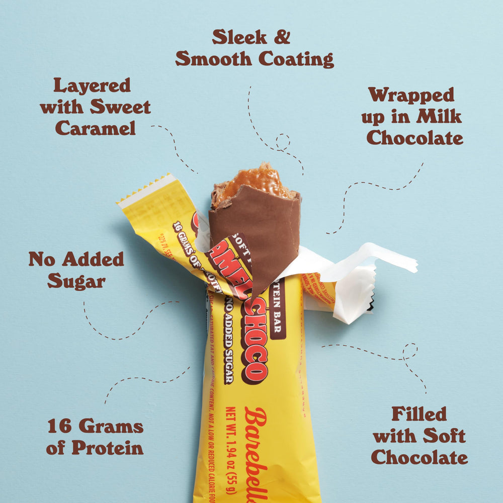 Barebells Soft Protein Bar Caramel Choco bite showing soft texture.