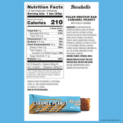 Barebells vegan peanut caramel bar cross-section reveals peanuts and caramel texture.