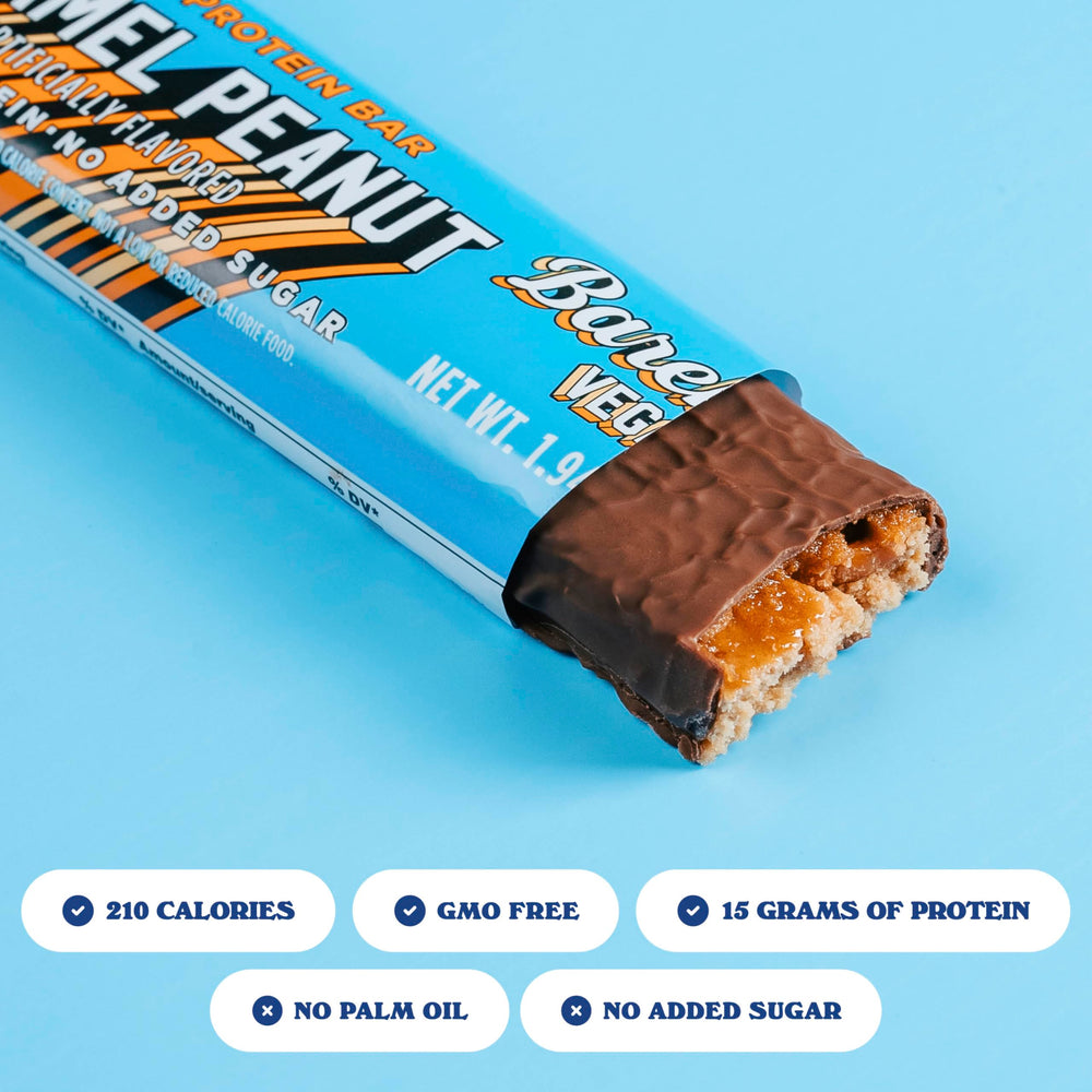 Barebells vegan peanut caramel bar packaging—12-bar box for convenient snacking.