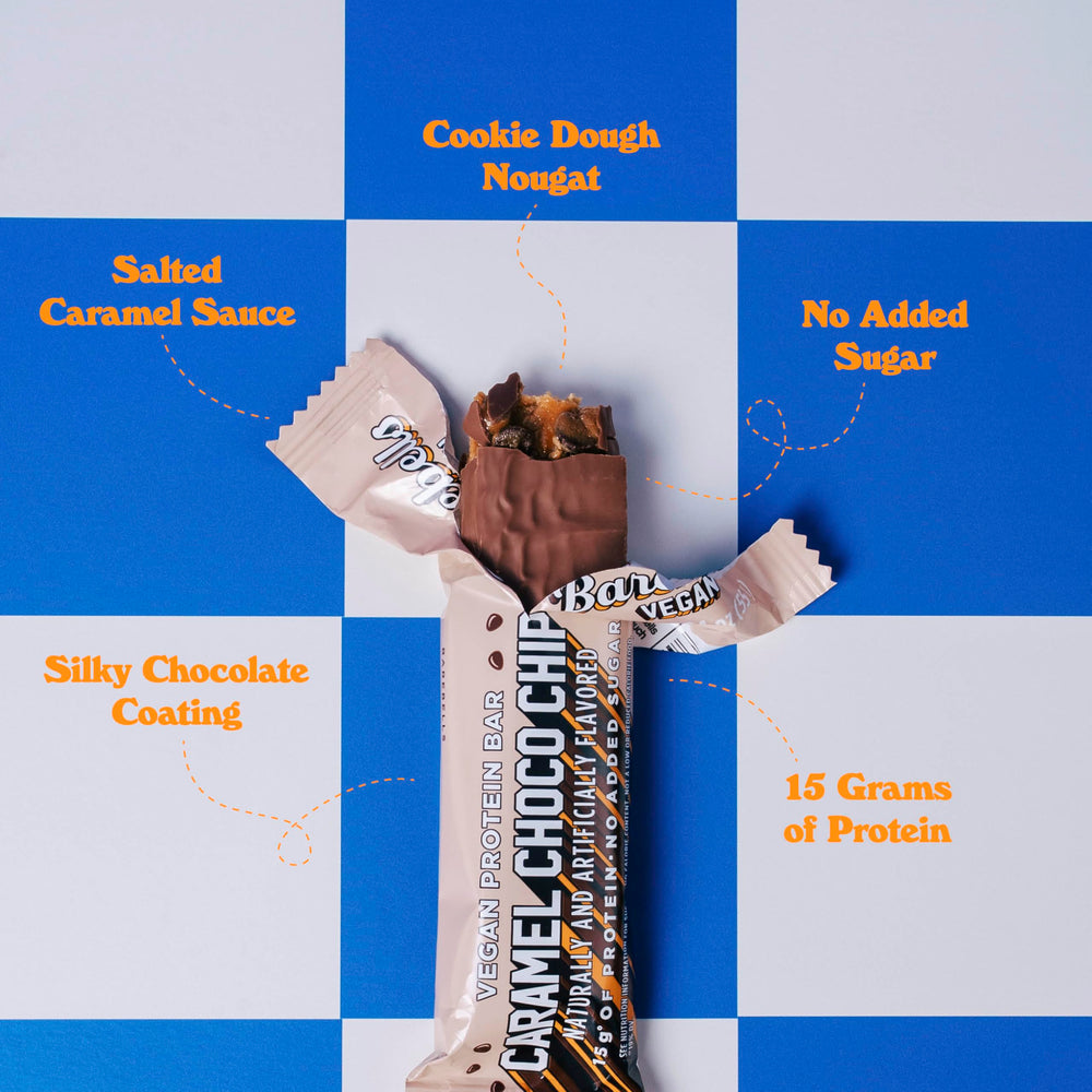Barebells vegan protein bar caramel choco chip cross-section showing caramel center and chips.