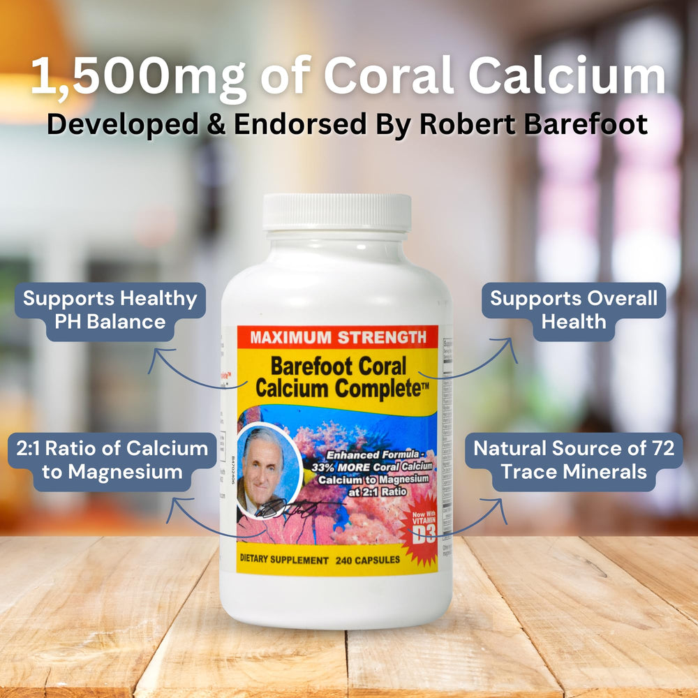 Barefoot Coral Calcium Complete label close-up highlights 2:1 calcium to magnesium ratio.