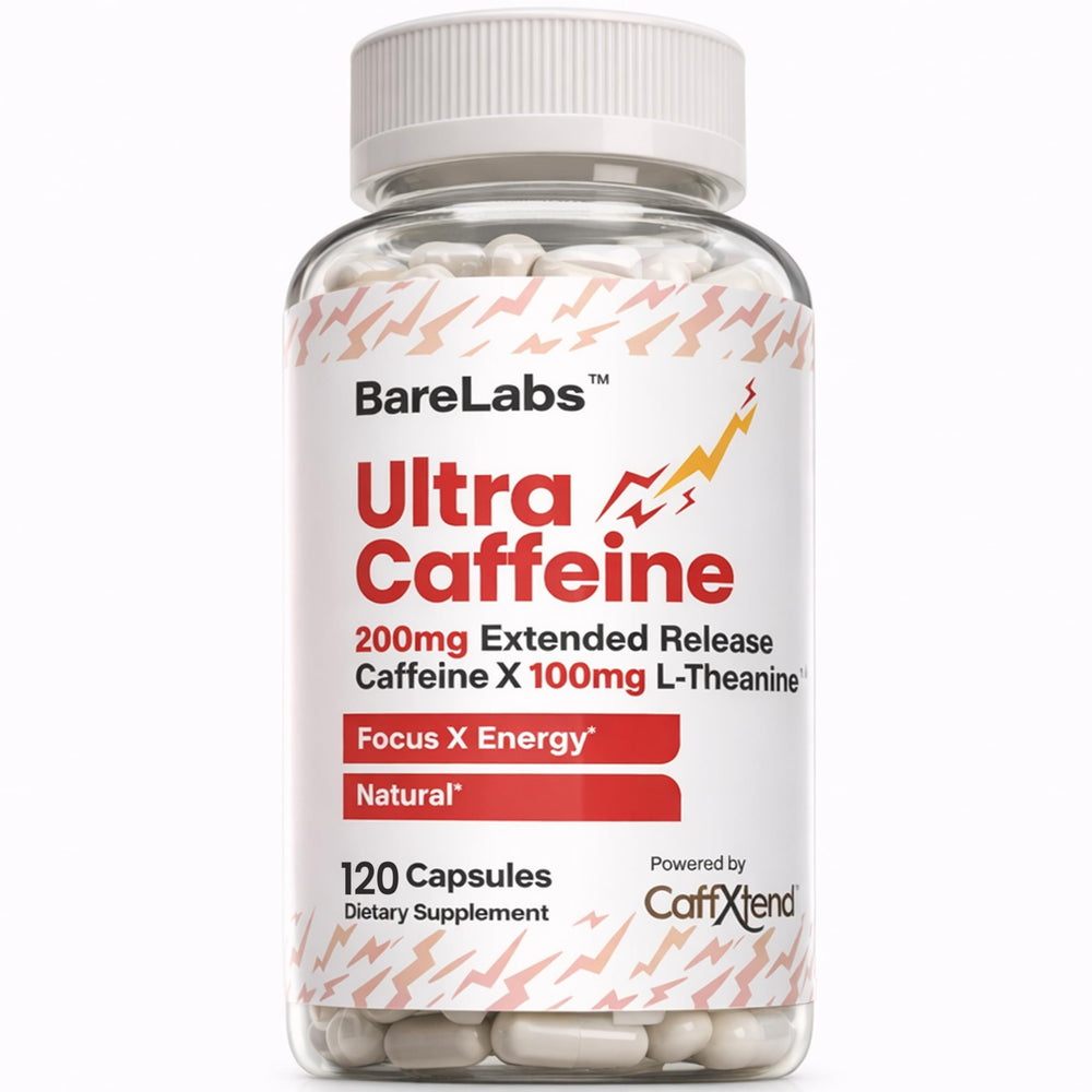 BareLabs bottle closeup showing capsules for steady energy.