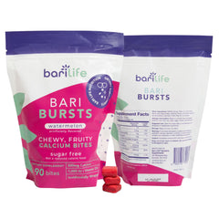Calcium citrate with 1000 IU vitamin D3 Bari Burst chews beside a glass of water