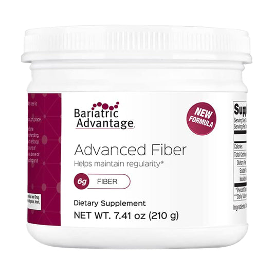 Bariatric Advantage Advanced Fiber canister shows gluten-free formula for post-surgery nutrition.