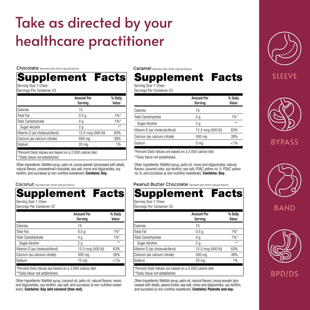 Bariatric Advantage Calcium Citrate Chewy Bites open bottle shows ready-to-use chewable calcium.