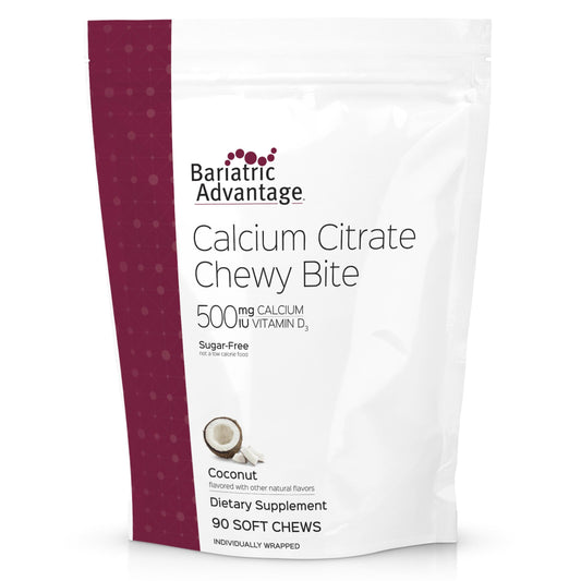 Bariatric Advantage Calcium Citrate Chewy Bites bottle view highlighting easy-to-chew calcium