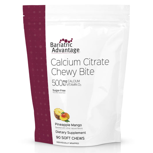 Bariatric Advantage Calcium Citrate Chewy Bites pineapple-mango bottle offering convenient, sugar-free calcium support.