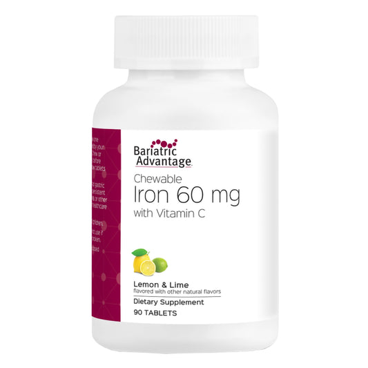 Bariatric Advantage lemon-lime chewable iron bottle close-up for easy iron intake after bariatric surgery