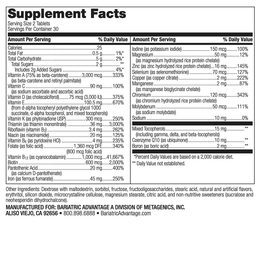 Nutrition facts panel highlights iron and fat‑soluble vitamin content for Bariatric Advantage Multi EA
