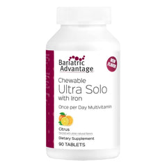 Bariatric Advantage Chewable Ultra Solo with Iron bottle shows convenient daily nutrition.