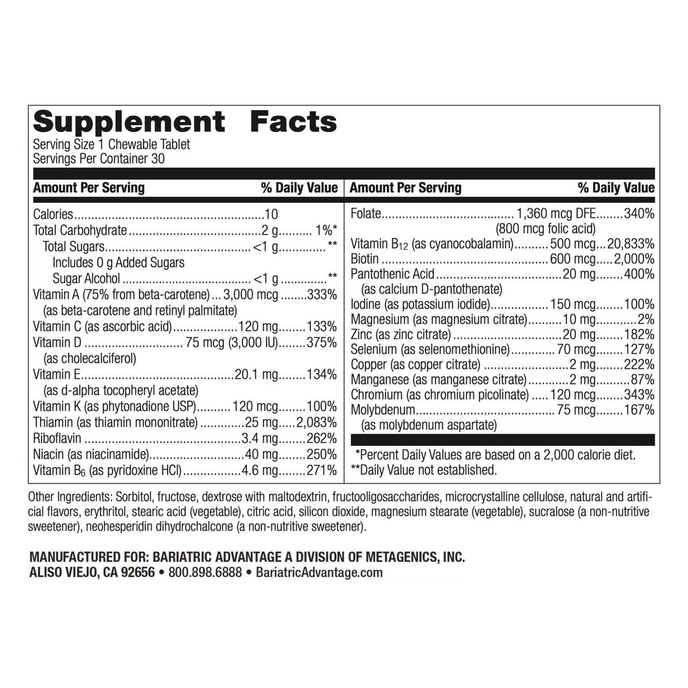 Bariatric Advantage chews line up showing label with vitamin A and thiamin for everyday wellness.
