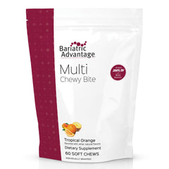 Bariatric Advantage Multi Chewy Bite bottle label highlighting tropical orange flavor and complete daily nutrients.