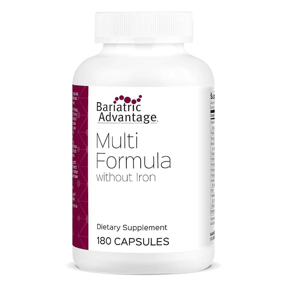 Bariatric Advantage multi formula no iron bottle close-up showing easy-to-swallow daily capsules.